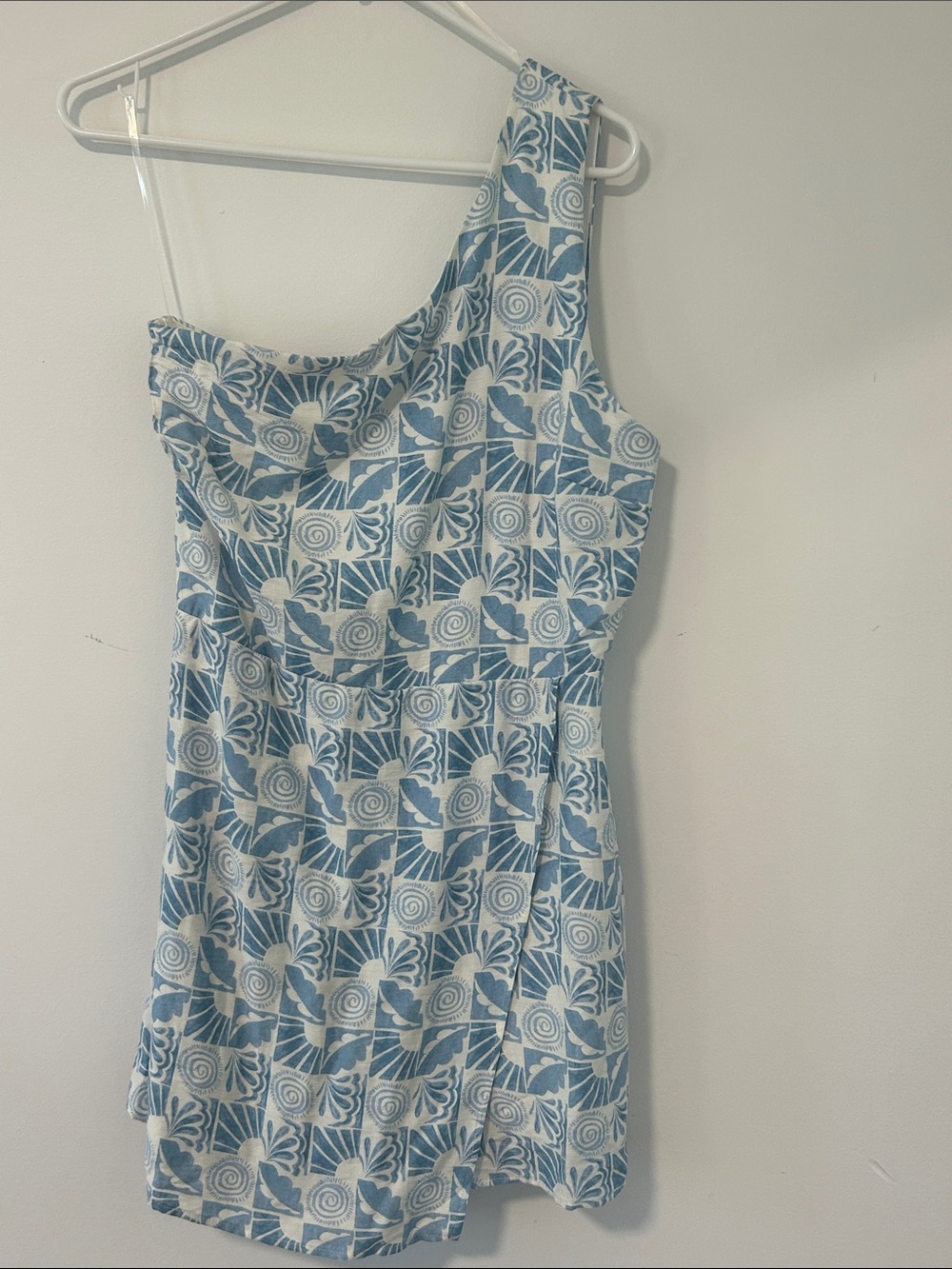 One-Shoulder Blue and white Patterned romper with skort.